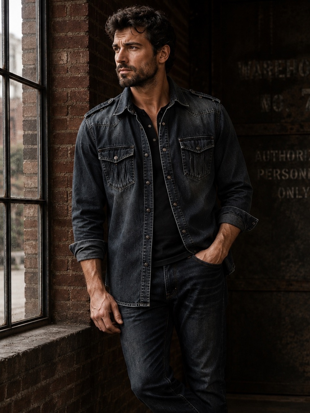 Xtreme Couture Men’s L Dark Wash 100% Cotton Western Denim Snap Shirt